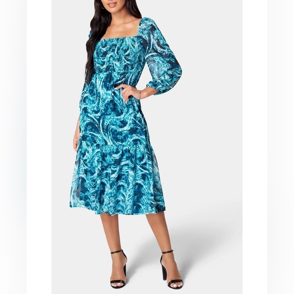 Smocked Midi Dress Sz M Blue Swirl Square Neck Puff sleeve Sleeve Tash + Sophie